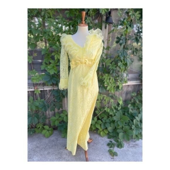 1950s Prom Dress Formal Sunny Yellow Evening Wedding Lace Bow Maxi Cupcake Sz S - Picture 2 of 16